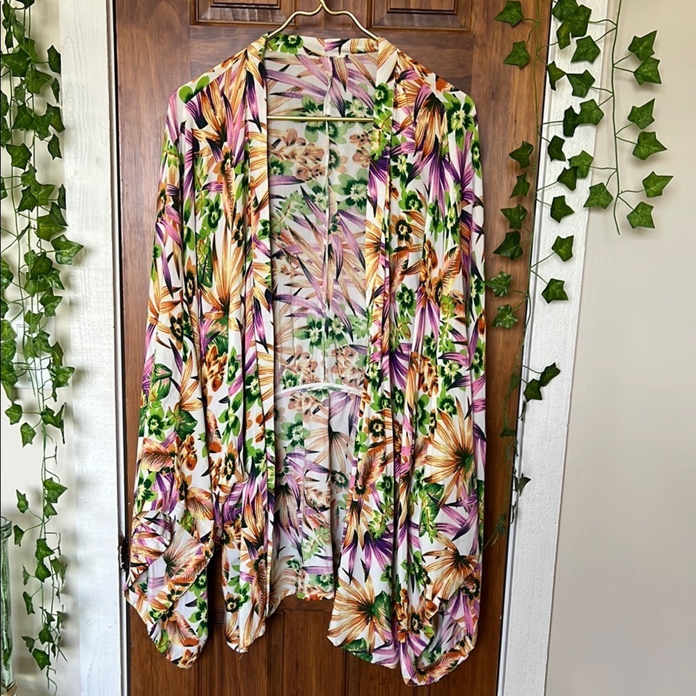 Tropical Floral Beach Resortwear Kimono Swim Cover Up 100% Rayon